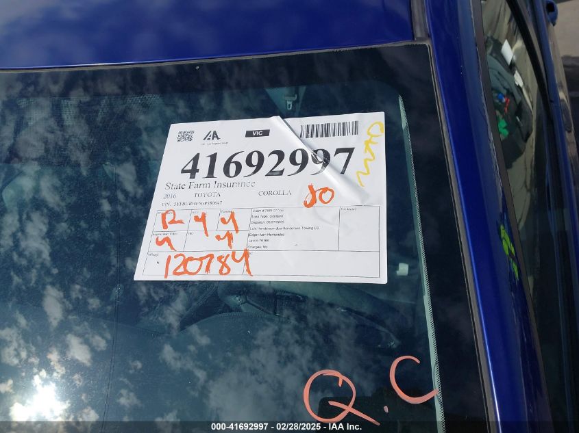 2016 Toyota Corolla S Plus VIN: 5YFBURHE5GP380647 Lot: 41692997