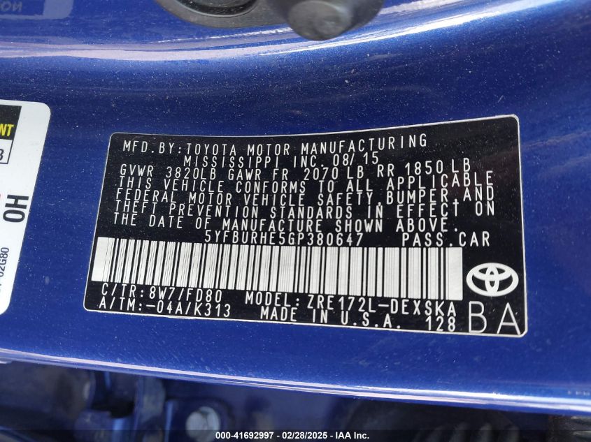 2016 Toyota Corolla S Plus VIN: 5YFBURHE5GP380647 Lot: 41692997