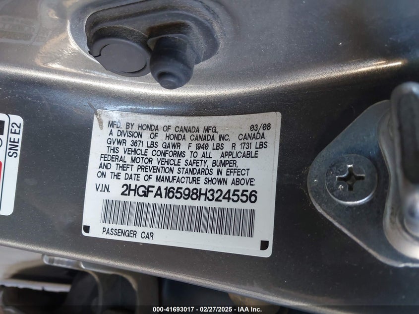 2008 HONDA CIVIC VIN: 2HGFA16598H324556
