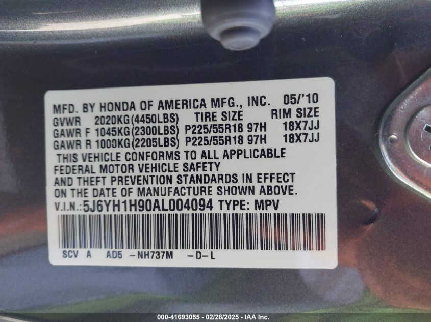 2010 Honda Element Sc VIN: 5J6YH1H90AL004094 Lot: 41693055