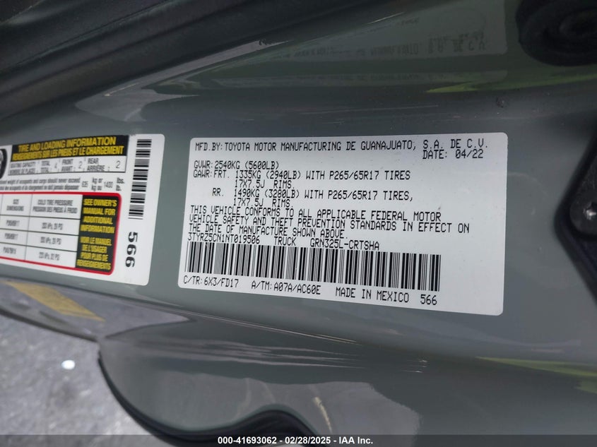2022 TOYOTA TACOMA VIN: 3TYRZ5CN1NT019506
