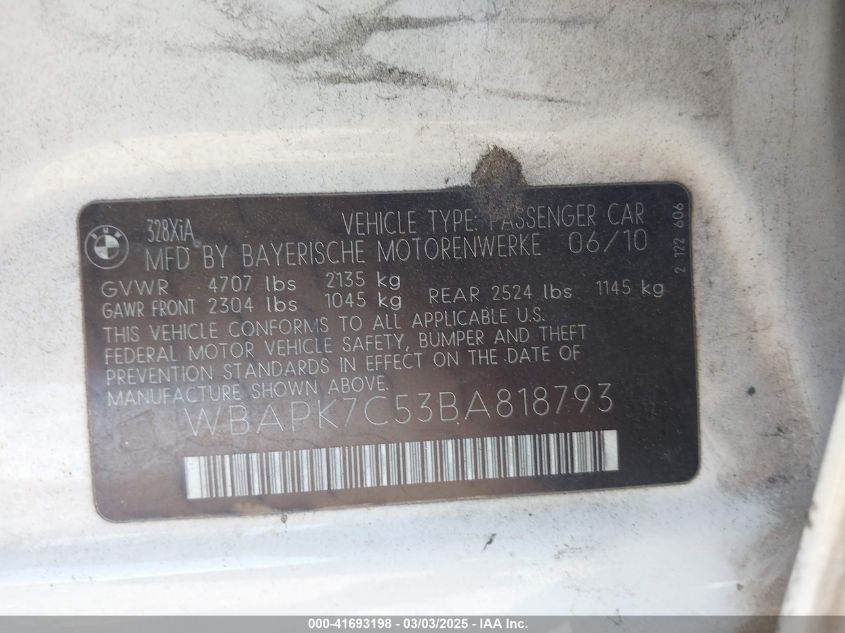 2011 BMW 328I xDrive VIN: WBAPK7C53BA818793 Lot: 41693198