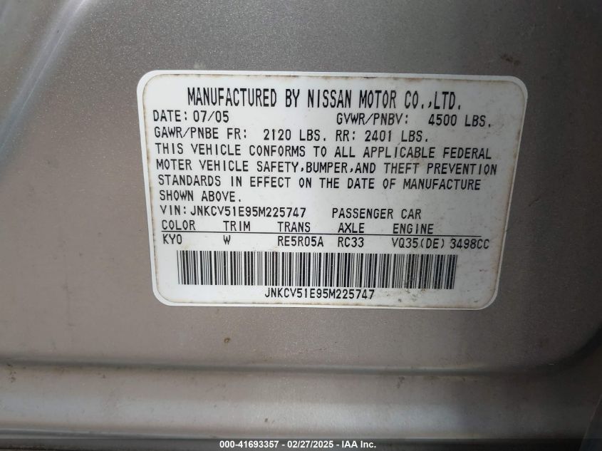 2005 Infiniti G35 VIN: JNKCV51E95M225747 Lot: 41693357