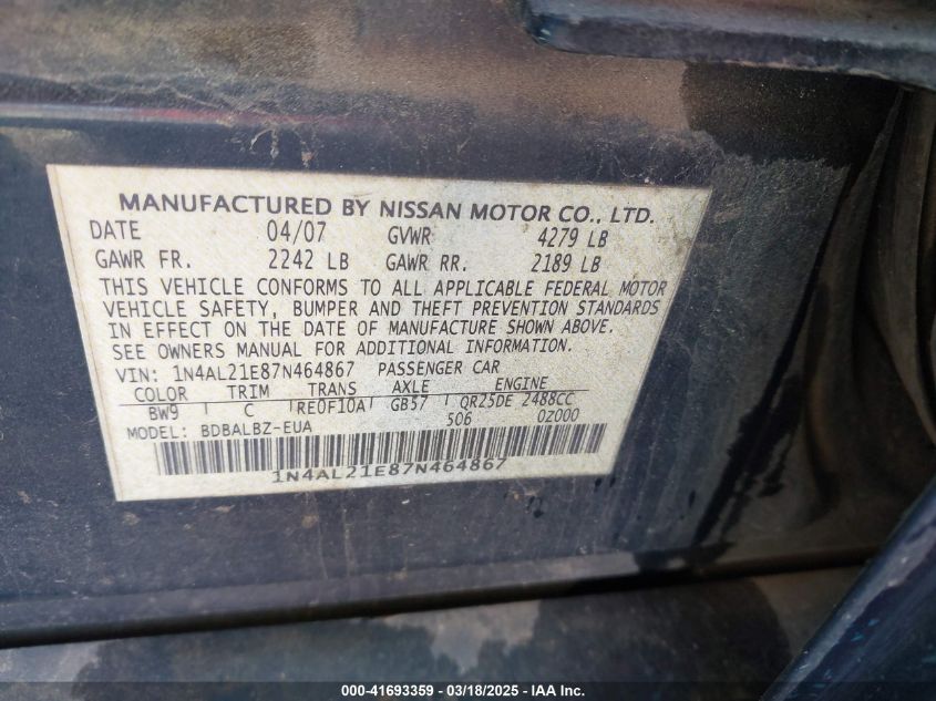 2007 Nissan Altima 2.5 S VIN: 1N4AL21E87N464867 Lot: 41693359
