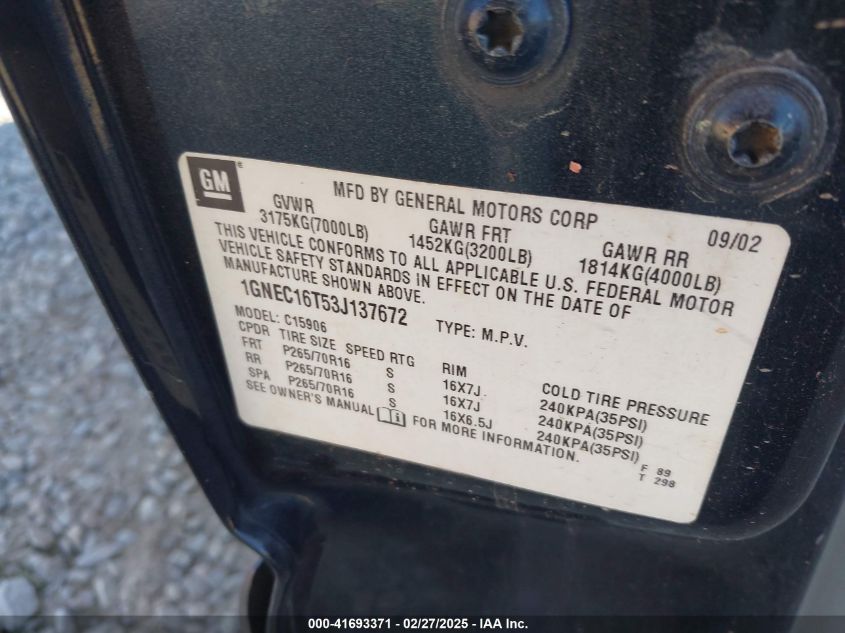 2003 Chevrolet Suburban 1500 Lt VIN: 1GNEC16T53J137672 Lot: 41693371