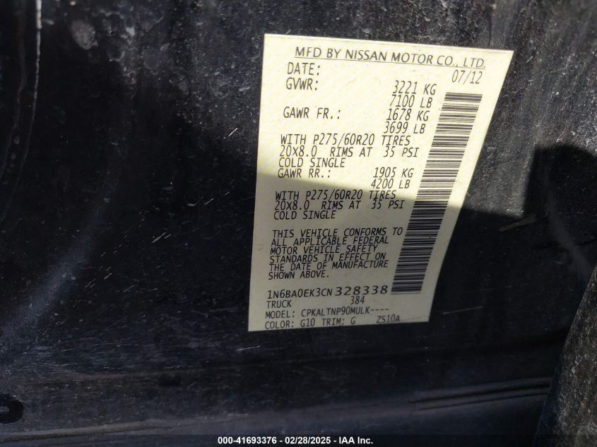 2012 Nissan Titan Sv VIN: 1N6BA0EK3CN328338 Lot: 41693376