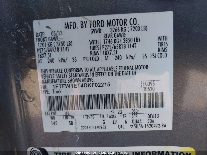 2013 Ford F-150 Fx4 VIN: 1FTFW1ET4DKF02215 Lot: 41693400