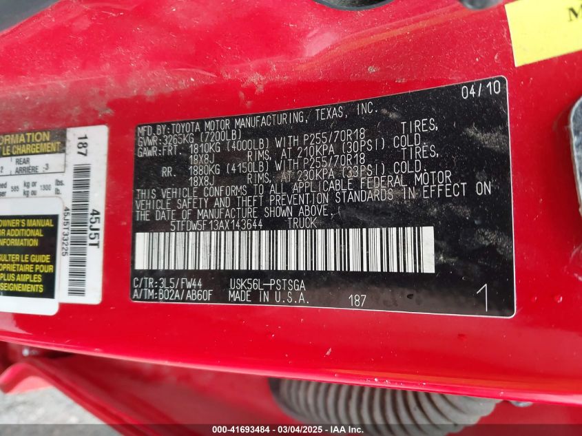 2010 Toyota Tundra Grade 5.7L V8 VIN: 5TFDW5F13AX143644 Lot: 41693484