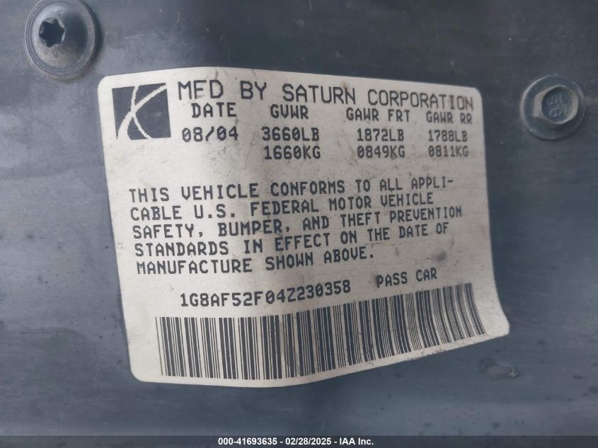 2004 Saturn Ion 1 VIN: 1G8AF52F04Z230358 Lot: 41693635