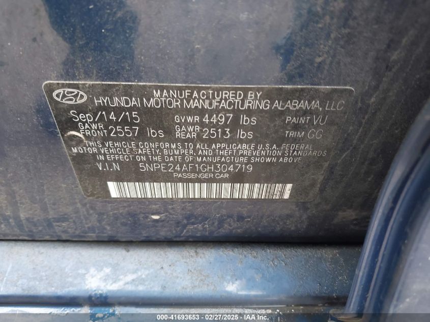 2016 Hyundai Sonata Se VIN: 5NPE24AF1GH304719 Lot: 41693653