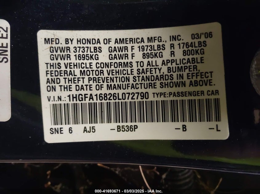 2006 HONDA CIVIC VIN: 1HGFA16826L072790