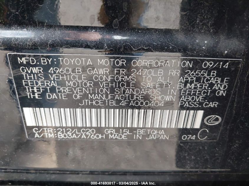 2015 Lexus Gs 350 VIN: JTHCE1BL4FA000404 Lot: 41693817