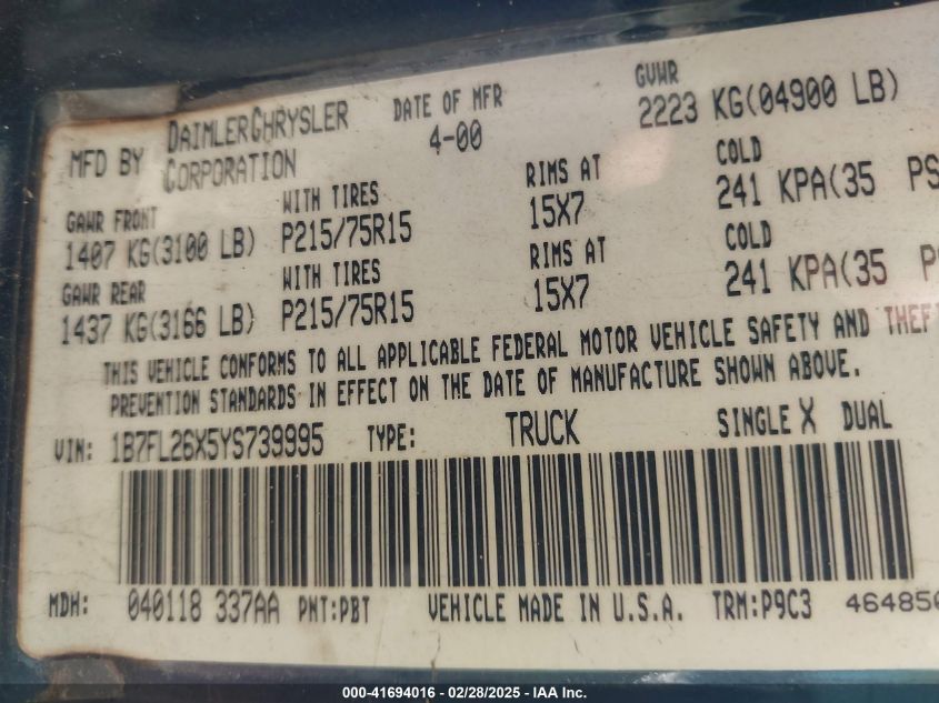 2000 Dodge Dakota Slt/Sport VIN: 1B7FL26X5YS739995 Lot: 41694016