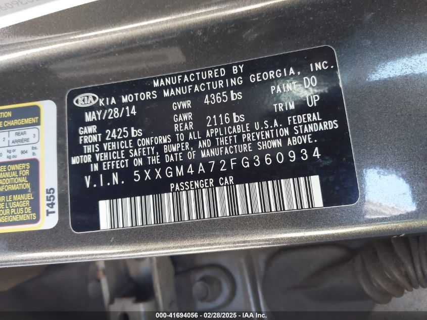 2015 Kia Optima Lx VIN: 5XXGM4A72FG360934 Lot: 41694056