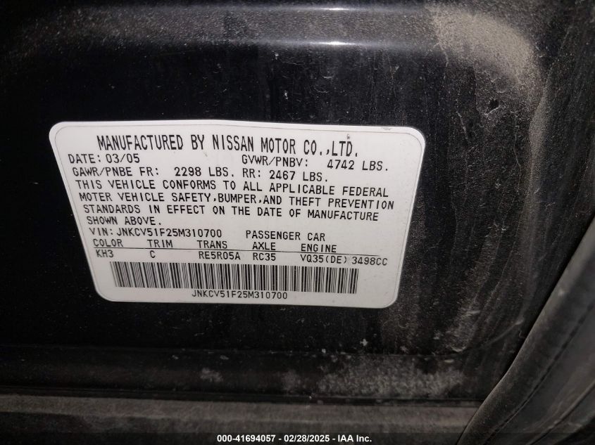 2005 Infiniti G35X VIN: JNKCV51F25M310700 Lot: 41694057