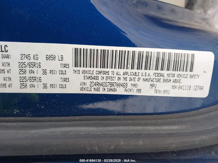 2011 Dodge Grand Caravan Express VIN: 2D4RN4DG7BR700469 Lot: 41694130