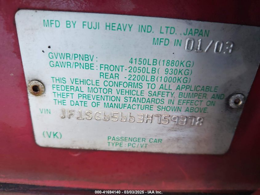 2003 Subaru Forester Xs VIN: JF1SG65663H759378 Lot: 41694140