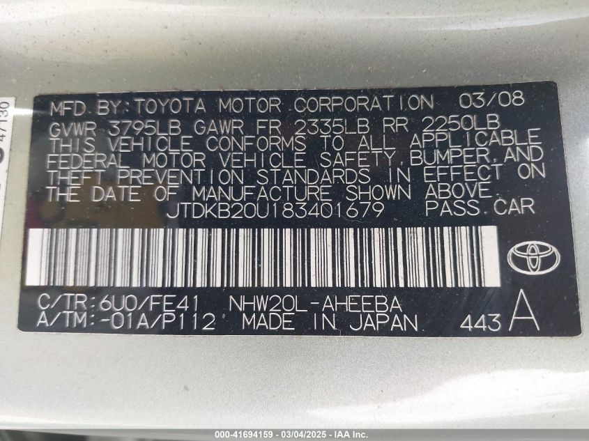 2008 Toyota Prius VIN: JTDKB20U183401679 Lot: 41694159