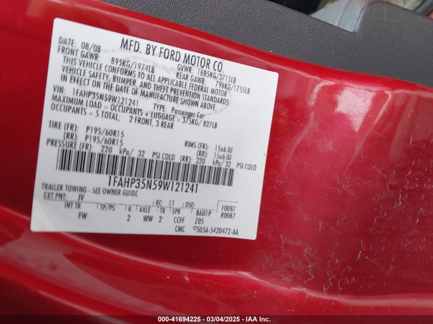 2009 FORD FOCUS VIN: 1FAHP35N59W121241