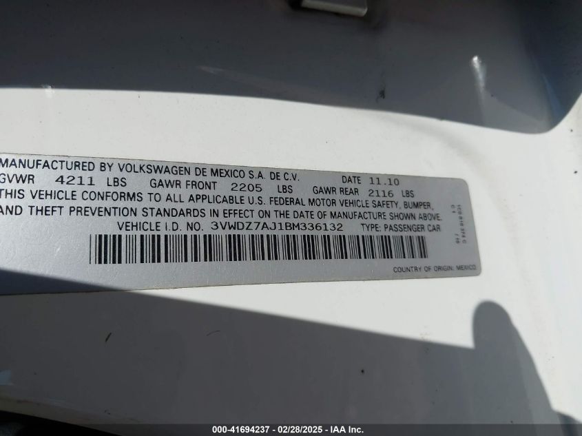 2011 Volkswagen Jetta 2.5L Se VIN: 3VWDZ7AJ1BM336132 Lot: 41694237