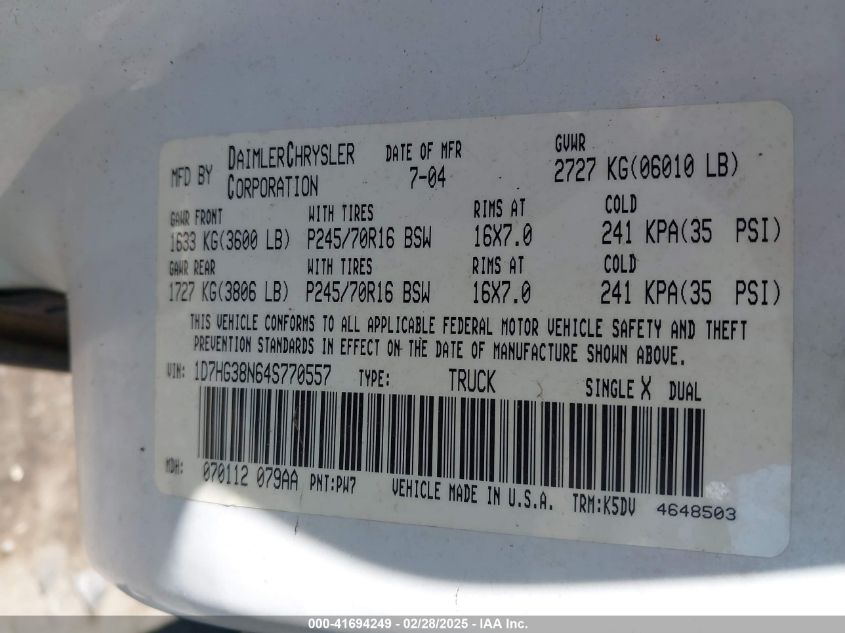 2004 Dodge Dakota Sport/Sxt VIN: 1D7HG38N64S770557 Lot: 41694249
