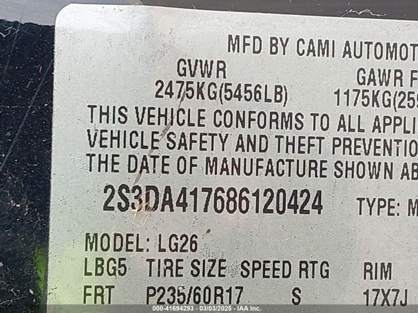 2008 Suzuki Xl7 Luxury VIN: 2S3DA417686120424 Lot: 41694293