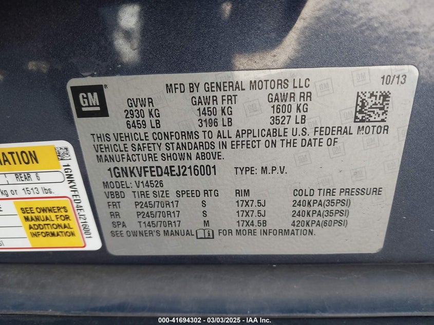 2014 CHEVROLET TRAVERSE VIN: 1GNKVFED4EJ216001