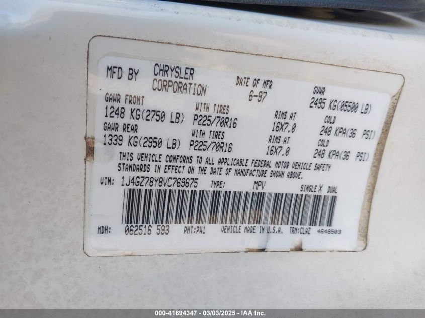 1997 Jeep Grand Cherokee Limited VIN: 1J4GZ78Y8VC769675 Lot: 41694347