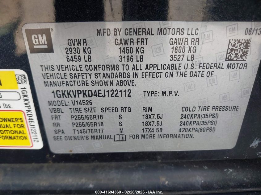 2014 GMC Acadia Sle-2 VIN: 1GKKVPKD4EJ122112 Lot: 41694360