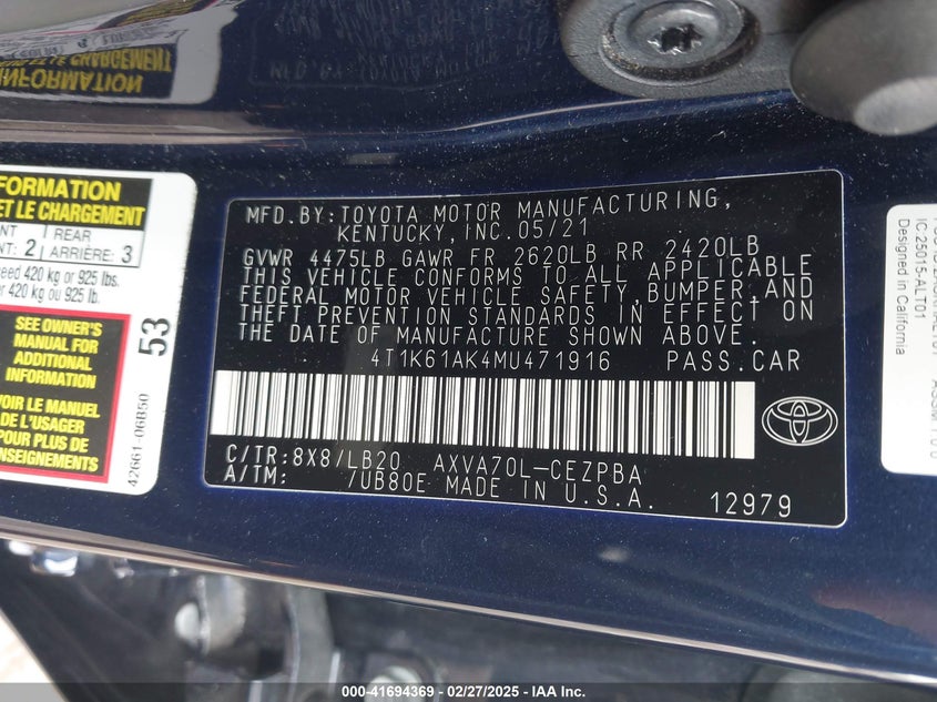 2021 TOYOTA CAMRY VIN: 4T1K61AK4MU471916