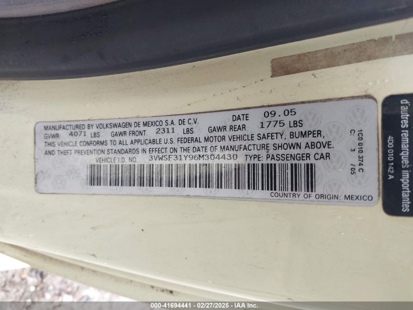 2006 Volkswagen New Beetle 2.5 VIN: 3VWSF31Y96M304430 Lot: 41694441