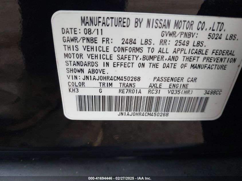 2012 Infiniti Ex35 Journey VIN: JN1AJ0HR4CM450268 Lot: 41694446