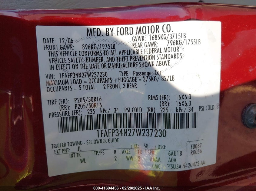 2007 FORD FOCUS VIN: 1FAFP34N27W237230