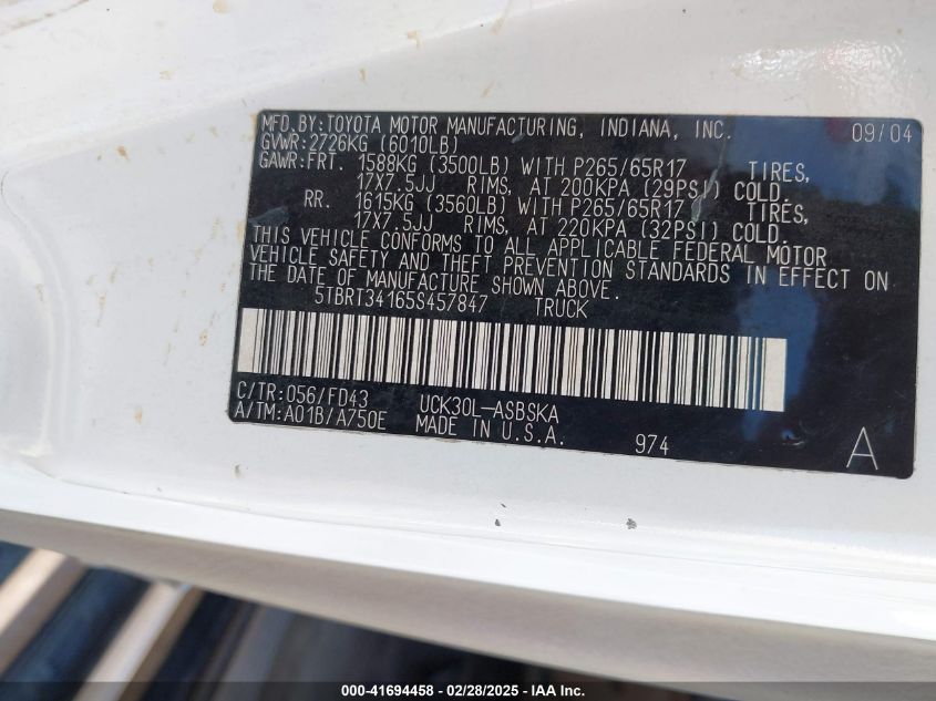 2005 Toyota Tundra Sr5 V8 VIN: 5TBRT34165S457847 Lot: 41694458