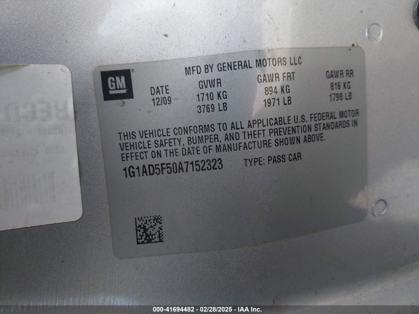 2010 Chevrolet Cobalt Lt VIN: 1G1AE5F50A7152323 Lot: 41694482