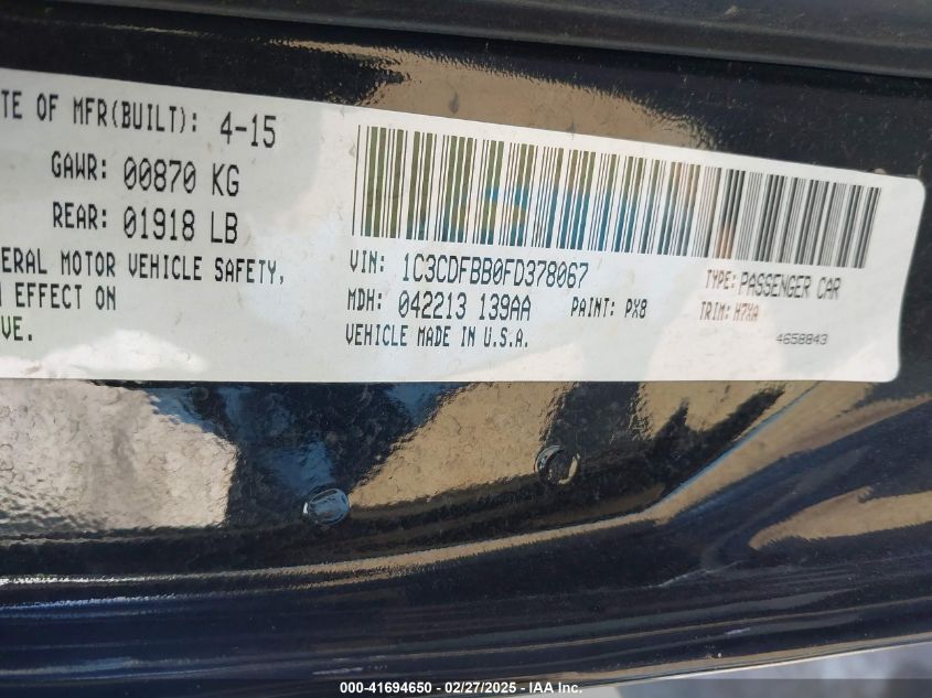 2015 Dodge Dart Sxt VIN: 1C3CDFBB0FD378067 Lot: 41694650