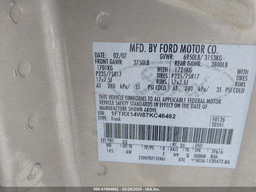 2007 Ford F-150 VIN: 1FTRX14W87KC46462 Lot: 41694662