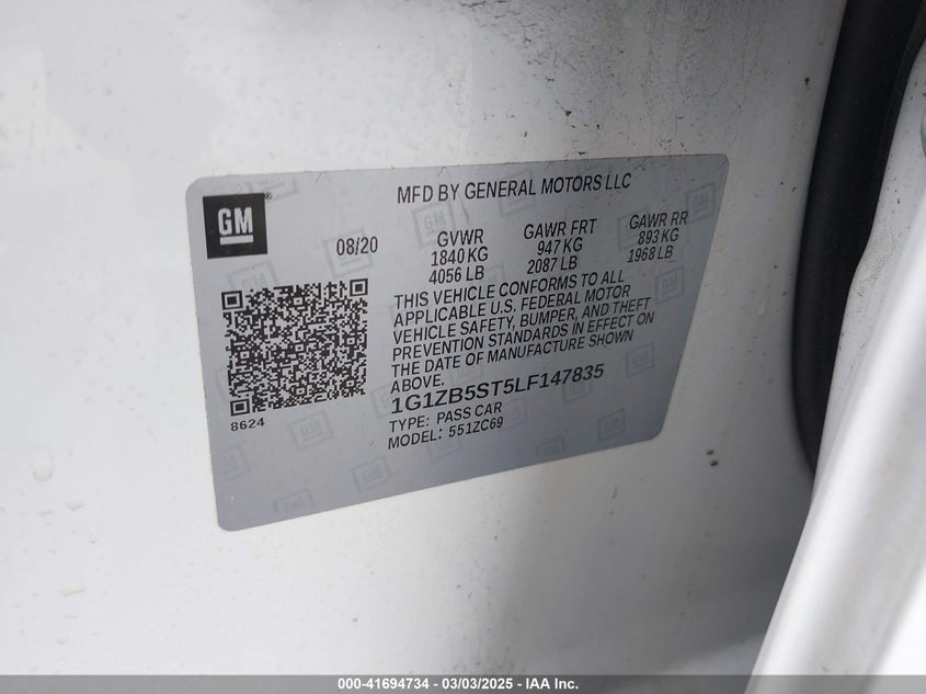2020 CHEVROLET MALIBU VIN: 1G1ZB5ST5LF147835