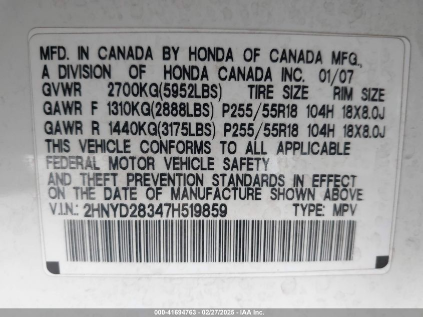 2007 Acura Mdx Technology Package VIN: 2HNYD28347H519859 Lot: 41694763