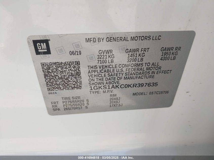 2019 GMC Yukon Sle VIN: 1GKS1AKC0KR397635 Lot: 41694818