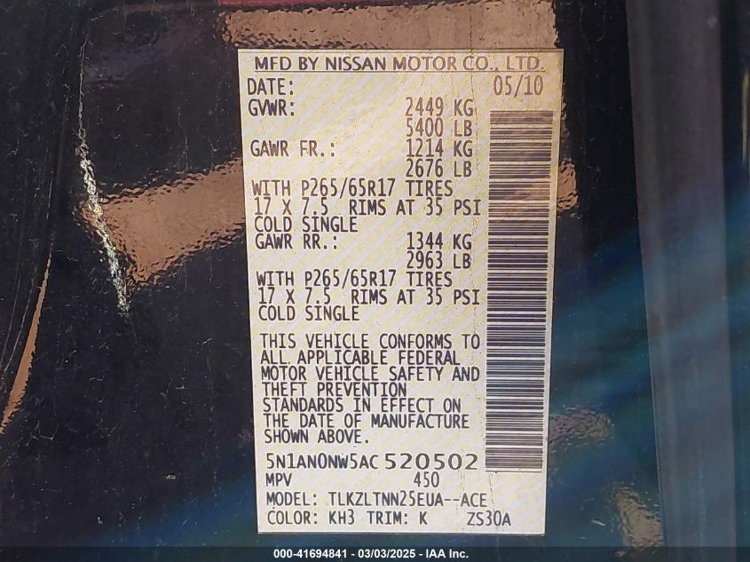 2010 Nissan Xterra Se VIN: 5N1AN0NW5AC520502 Lot: 41694841