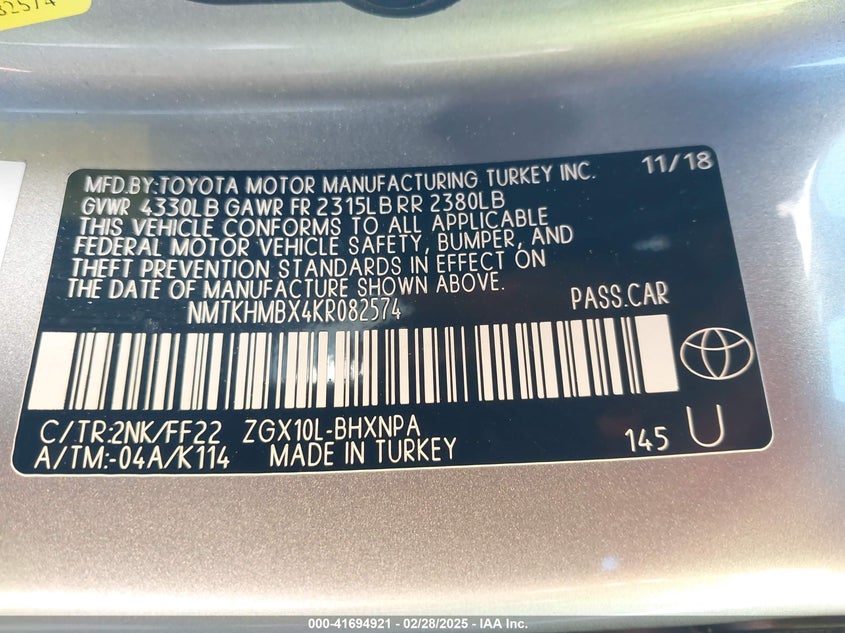 2019 TOYOTA C-HR VIN: NMTKHMBX4KR082574