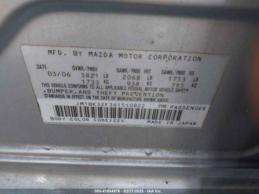 2006 Mazda Mazda3 I VIN: JM1BK32F361510822 Lot: 41694976