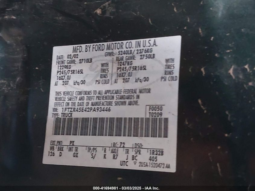 2002 Ford Ranger Edge/Xlt VIN: 1FTZR45E42PA93446 Lot: 41694981