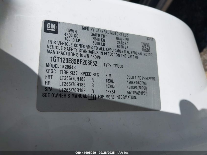 2011 GMC Sierra 2500Hd Sle VIN: 1GT120E85BF203852 Lot: 41695029