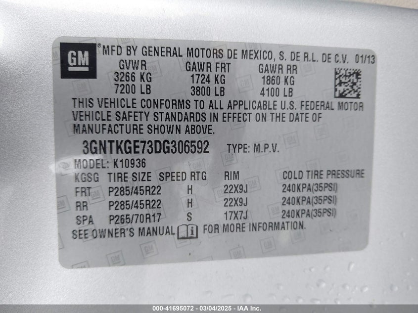 2013 CHEVROLET AVALANCHE VIN: 3GNTKGE73DG306592