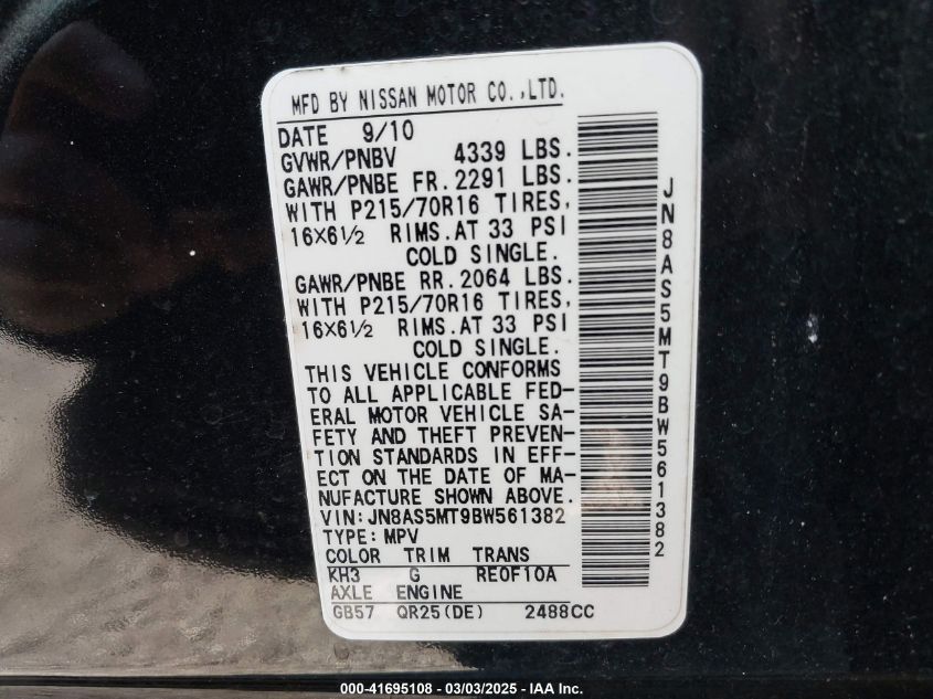 2011 Nissan Rogue S VIN: JN8AS5MT9BW561382 Lot: 43450826