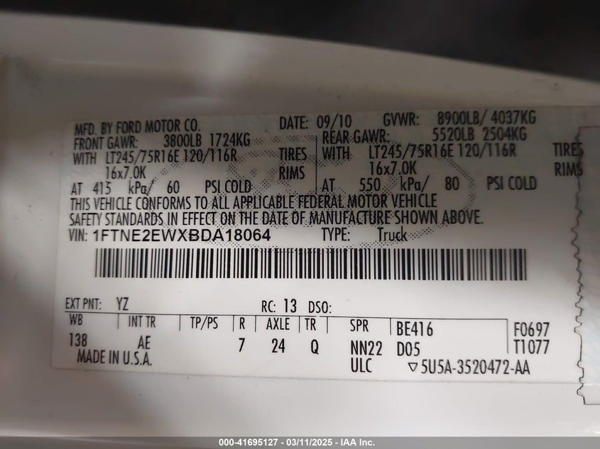 2011 Ford E-250 Commercial VIN: 1FTNE2EWXBDA18064 Lot: 41695127