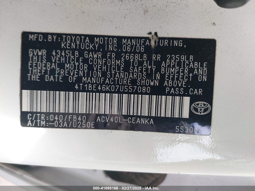2007 TOYOTA CAMRY VIN: 4T1BE46K07U557080