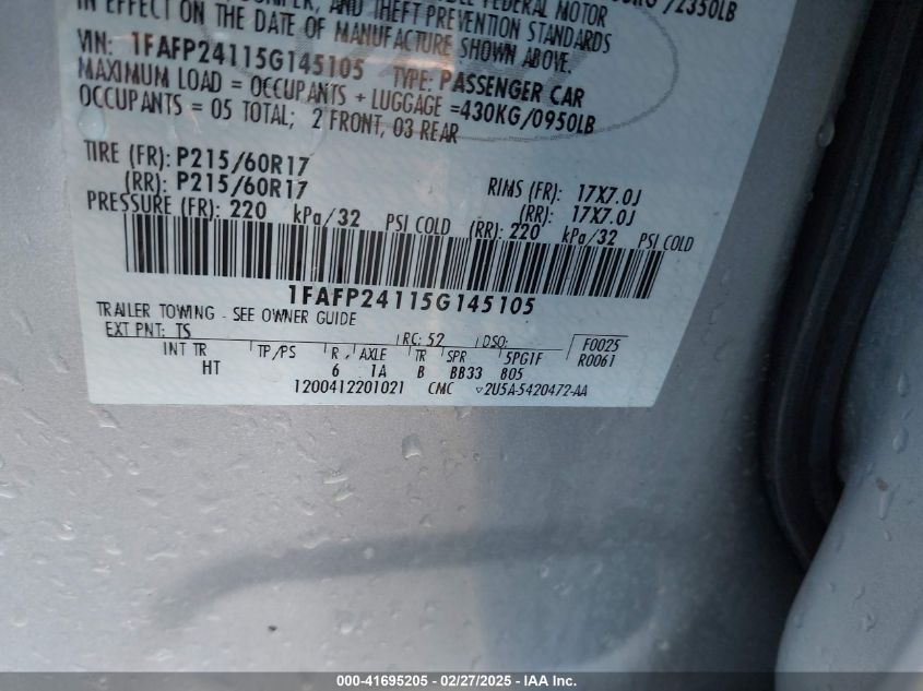 2005 Ford Five Hundred Sel VIN: 1FAFP24115G145105 Lot: 41695205